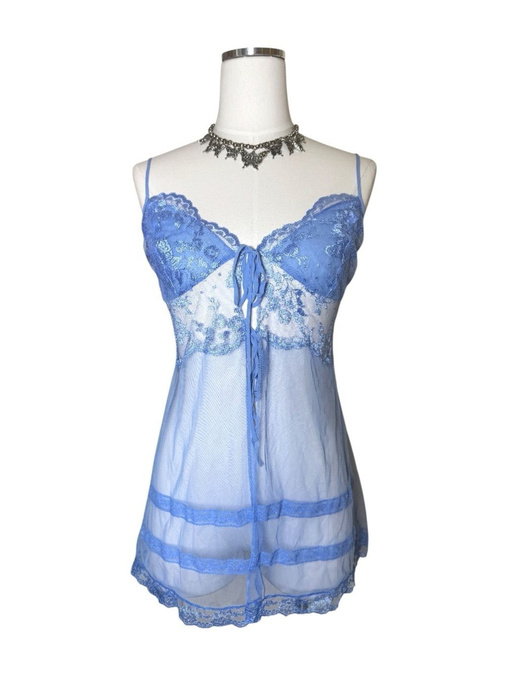 Y2K Victoria’s Secret Sheer Lace Front Tie Powder Blue Chemise Slip Dress Size M